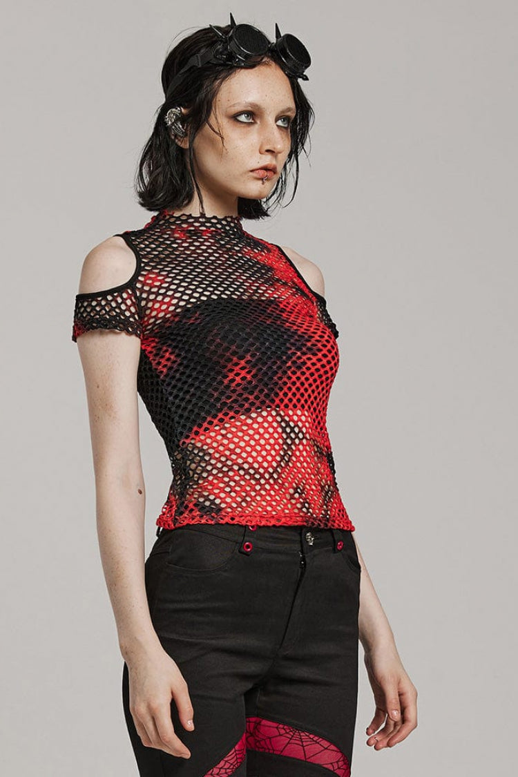 High Collar Hollow Stitching Tie-dyed Off-The-Shoulder Womens Steampunk T-Shirt 3 Colors - Product - 2