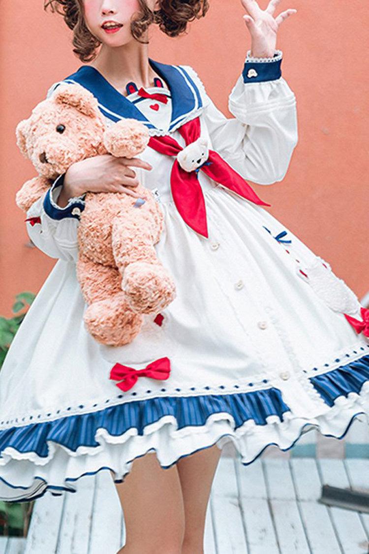 White College Style Navy Collar Chiffon Sea White Bear Print Bowknot Ruffled Sweet Lolita OP Dress - White - 1