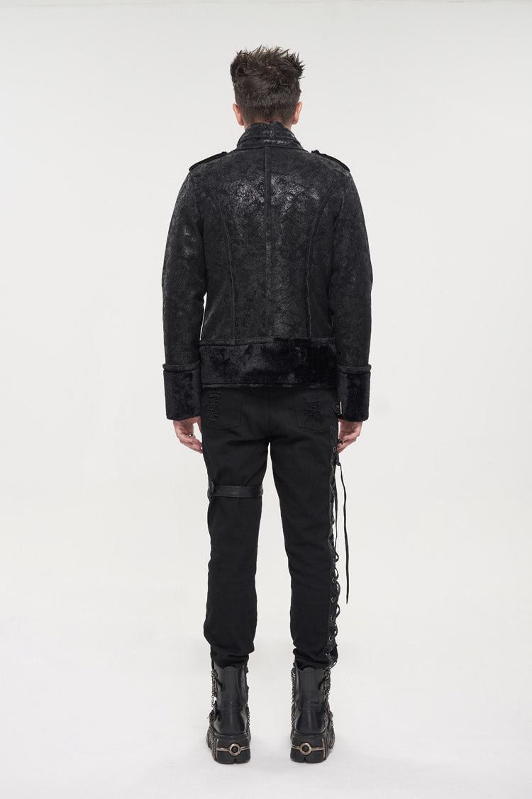 Black Five Pointed Star Decoration Retro Suede Short Plush Men's Punk Coat - Product - 5