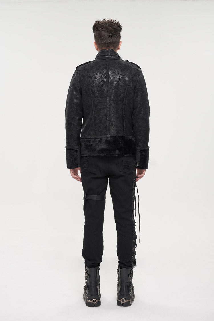 Black Five Pointed Star Decoration Retro Suede Short Plush Men's Punk Coat - Product - 5