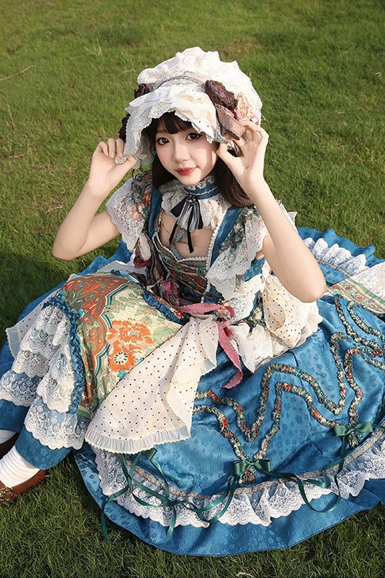Blue [Lake Monet] Sleeveless High Waisted Print Ruffle Cardigan Bowknot Lace-Up Classic Vintage Elegant Princess Lolita Jsk Dress - Product - 6