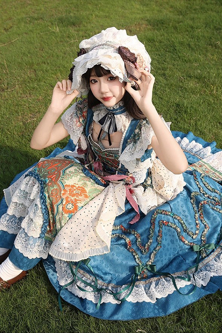 Blue [Lake Monet] Sleeveless High Waisted Print Ruffle Cardigan Bowknot Lace-Up Classic Vintage Elegant Princess Lolita Jsk Dress - Product - 6