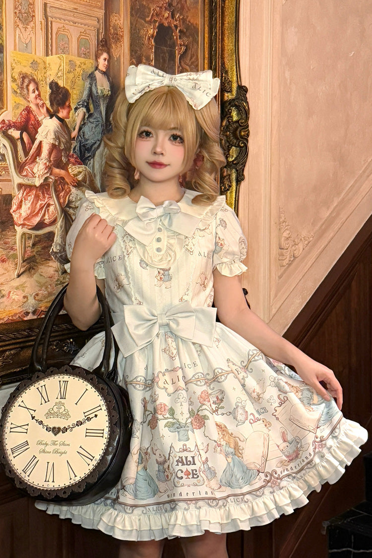Light Blue [The Princess's Magical Diary] Printed Short Sleeves Ruffled Bow Sweet Princess Lolita Dress - Light-Blue - 1