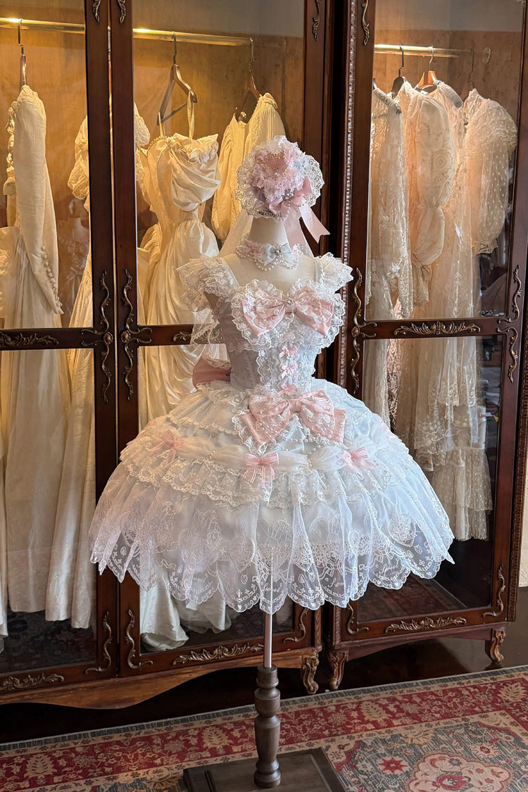 Blue [Bunny Dream Letter] Square Collar Flutter Sleeves Jacquard Ruffled Bow Lace Sweet Princess Balletcore Lolita Jsk Dress - Product - 12