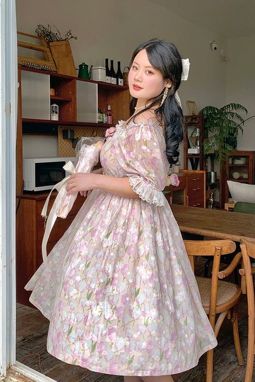 Boat Neck Ruffled Short Sleeves Plus Size Tulips Floral Print High Waisted Sweet Lolita OP Dress - Product - 6