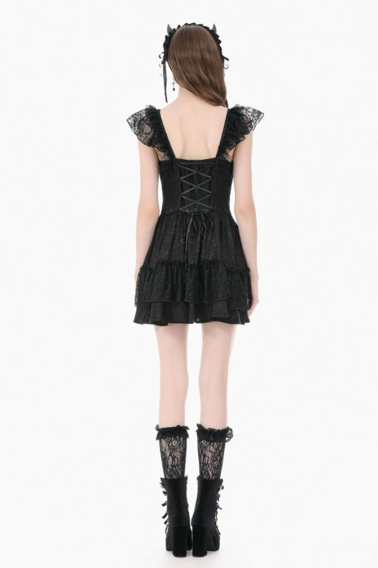 Black Flutter Sleeves Jacquard Bowknot Lace Ruffled Lace-Up Women's Gothic Cake Mini Dress - Product - 12