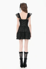 Black Flutter Sleeves Jacquard Bowknot Lace Ruffled Lace-Up Women's Gothic Cake Mini Dress - Product - 12