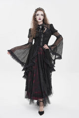 Black Stand Collar Long Trumpet Beaded Sleeves Cut-Out Bow Lace Women's Gothic Blouse - Black - 1