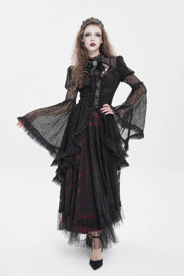 Black Stand Collar Long Trumpet Beaded Sleeves Cut-Out Bow Lace Women's Gothic Blouse - Black - 1