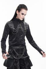 Black Chain Rings Stand Collar Long Sleeves Men's Gothic T-Shirt - Product - 6