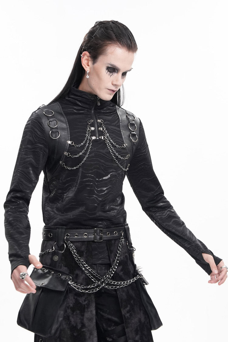 Black Chain Rings Stand Collar Long Sleeves Men's Gothic T-Shirt - Product - 6