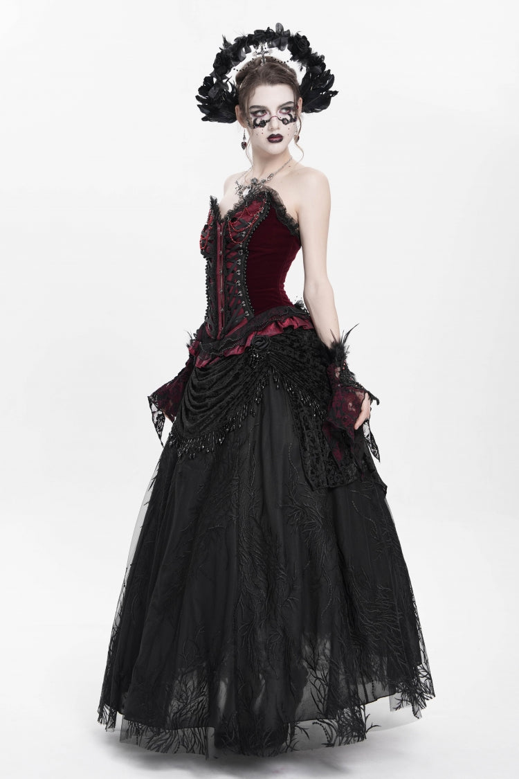 Red Sleeveless Beaded Lace Lace-Up Women's Gothic Overbust Corset - Product - 6