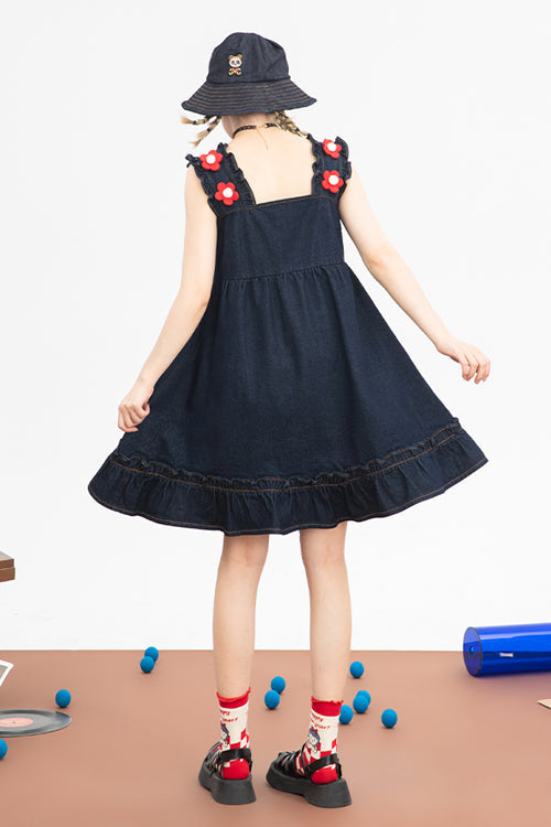 Black Denim Ruffled Strap With Flower Accessories High Waisted Sweet Lolita Strap Dress - Product - 8