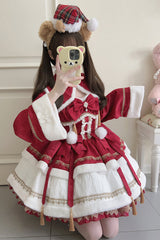 Red [Snow Rabbit] Long Sleeves Ruffle Bowknot Fake Two Pieces Sweet Lolita Dress - Product - 4