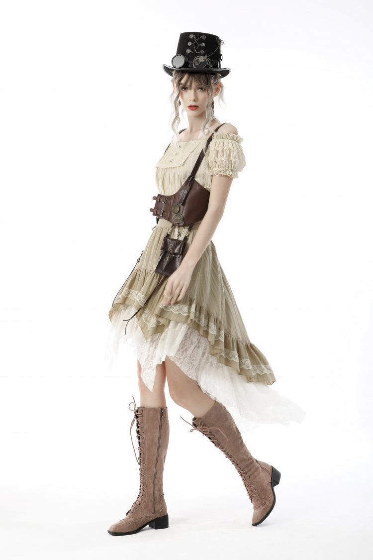 White/Yellow Women's Steampunk Victorian Lace Multi-Layered Dovetail Ruffled Skirt - Product - 2