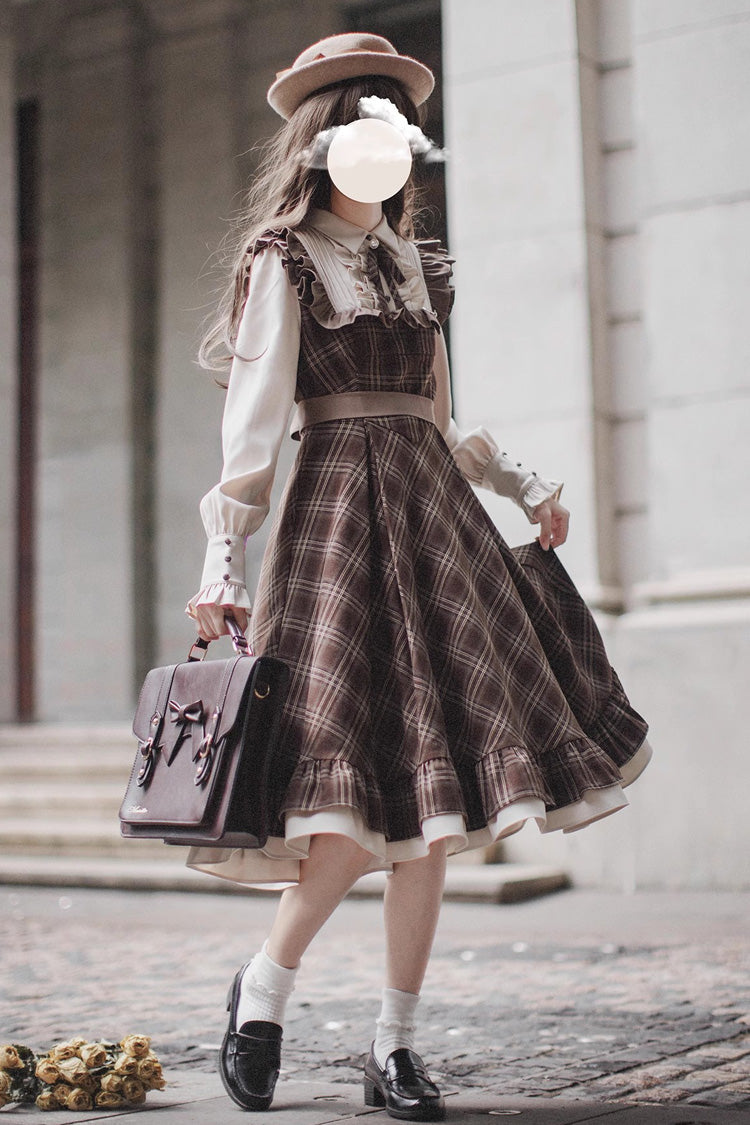 Brown [The Thames at Dusk] Print Long Sleeves Ruffle Fake Two Pieces Vintage College Style Lolita Dress - Product - 5