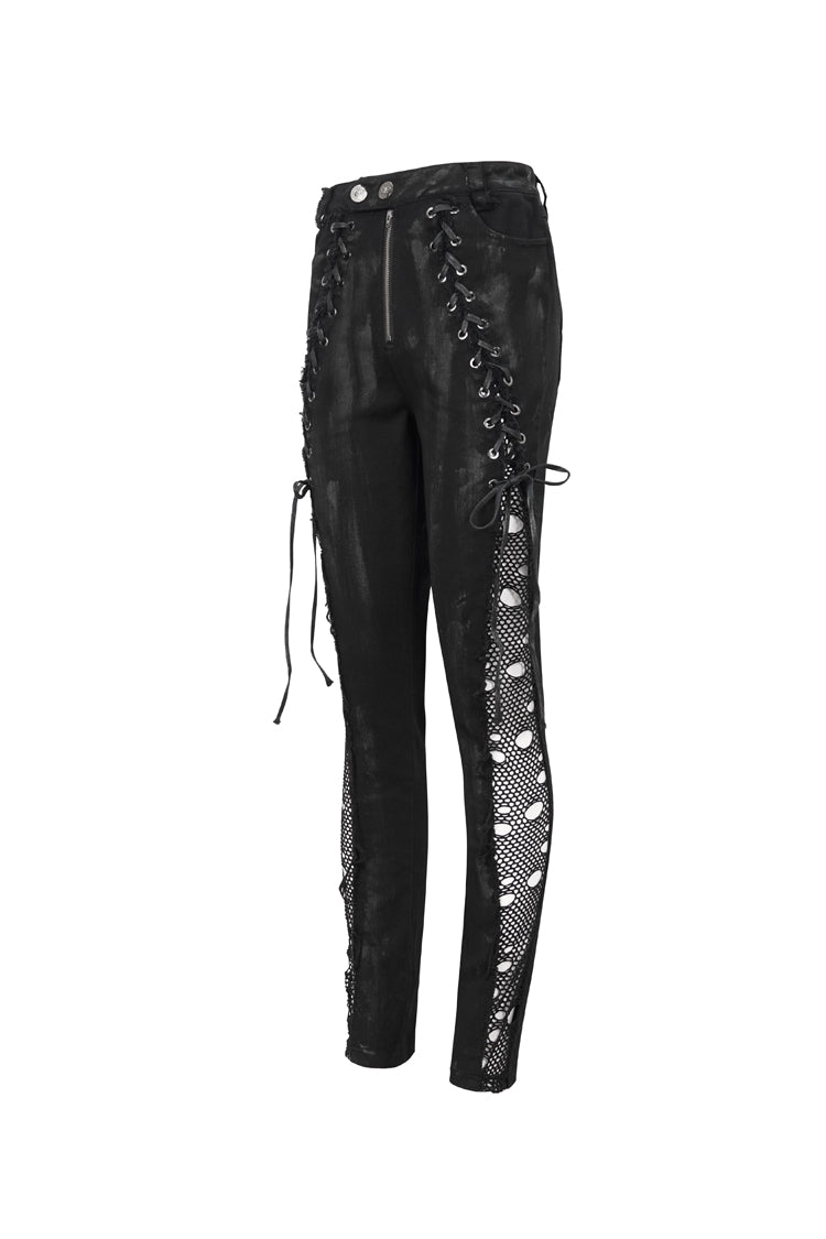 Black Stretch Twill Paneled Mesh Perforated Women's Punk Trousers - Product - 8