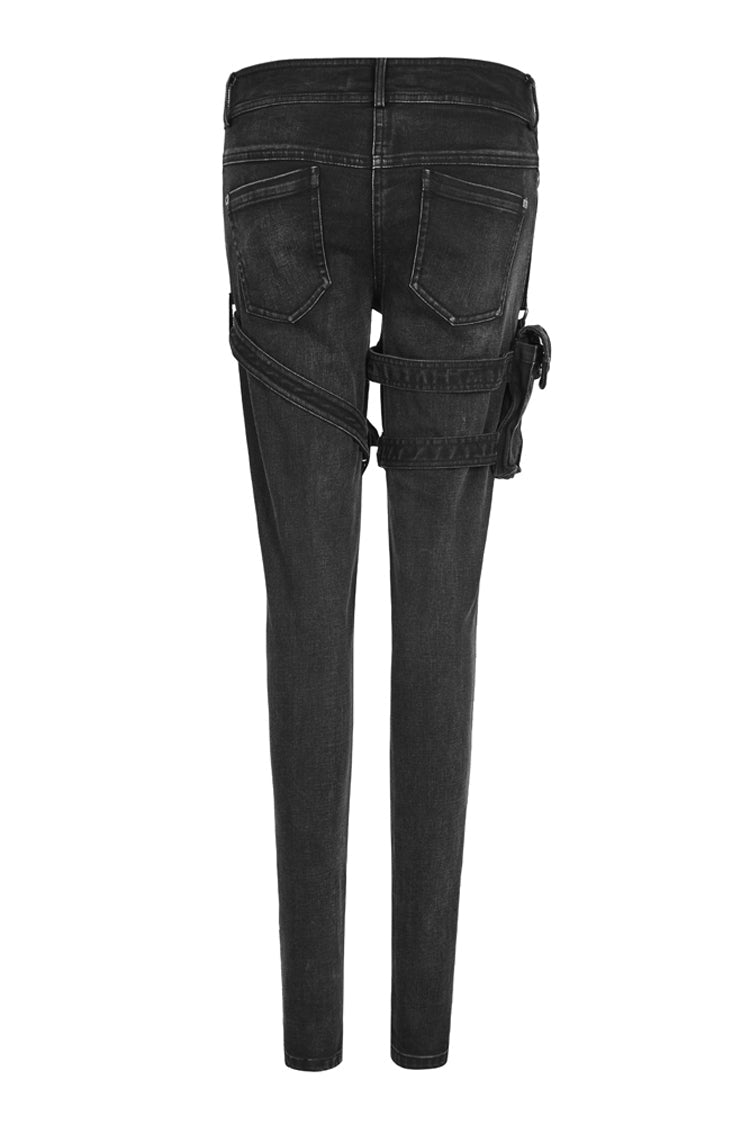 Black Removable Pocket Buttonhole Trim Skinny Stretch Denim Women's Punk Trouser - Product - 6