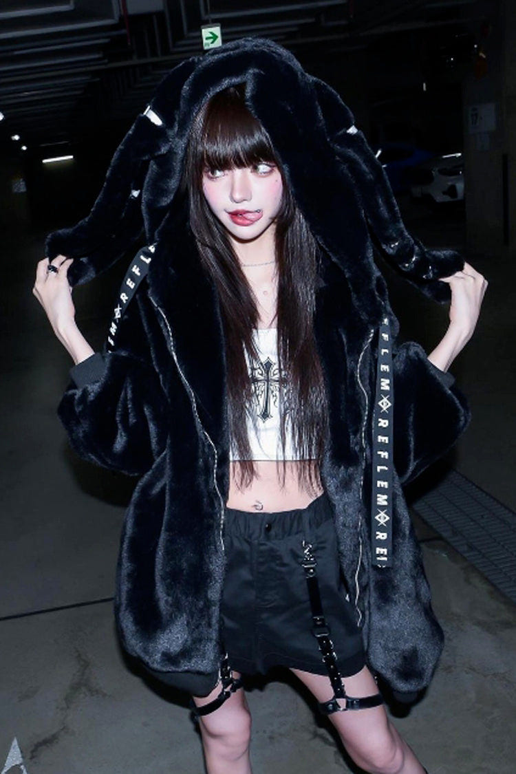 Black Rabbit Ears Long Sleeves Hooded Punk Jirai Kei Coat - Product - 7