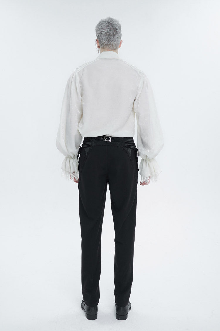 White Lapel Collar Puff Sleeved Lace Hem Men's Gothic Shirt - Product - 5