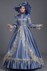 Blue High Collar Long Sleeves High Waisted Hollow Embroidery Floral Print Ruffled Victorian Lolita Prom Dress - Product - 2