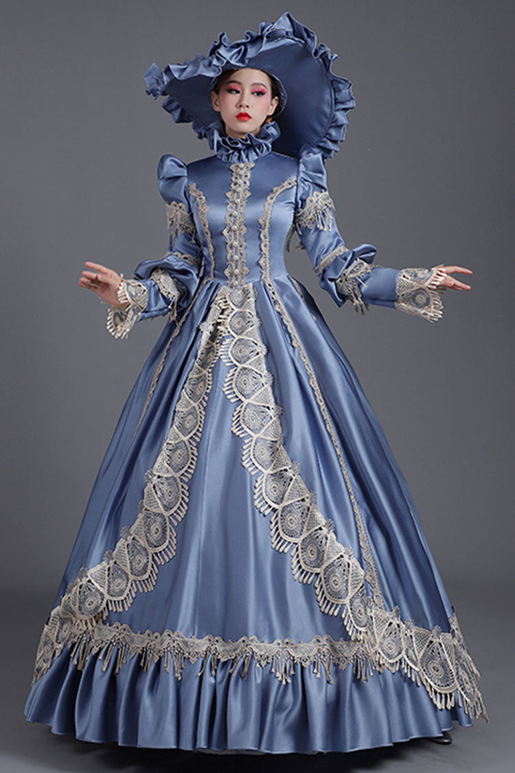 Blue High Collar Long Sleeves High Waisted Hollow Embroidery Floral Print Ruffled Victorian Lolita Prom Dress - Product - 2