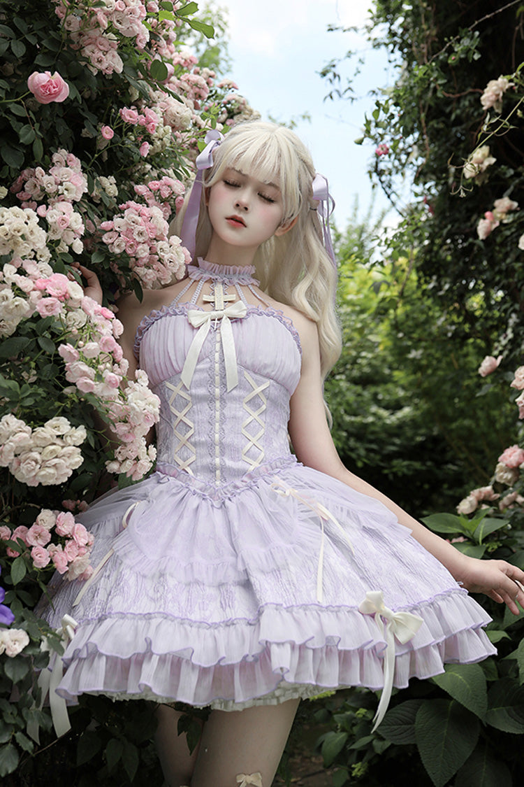 Purple Tube Top Sleeveless Ruffle Bowknot Gothic Lolita Jsk Tiered Dress - Product - 5