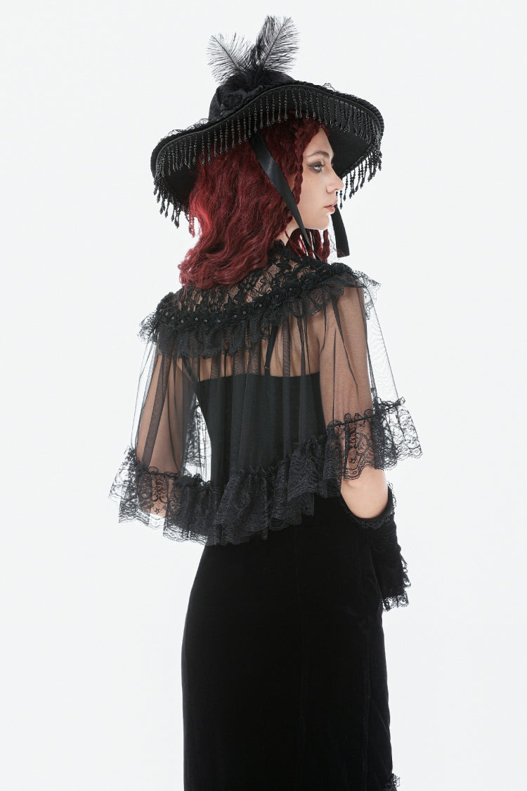 Black Sleeveless Ruffled Lace Spliced Mesh Women's Gothic Cape - Product - 4