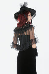 Black Sleeveless Ruffled Lace Spliced Mesh Women's Gothic Cape - Product - 4