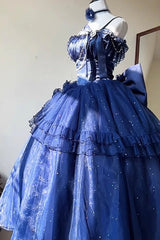 Blue [Bright Stars] Off Shoulder Ruffle Bowknot Asymmetric Sweet Elegant Princess Lolita Dress - Product - 3