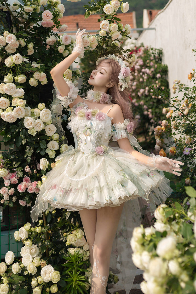 Green [Spring Rose] Sleeveless Multi-Layered Bowknot Lace-Up Fishbone Sweet Lolita Jsk Dress - Product - 11