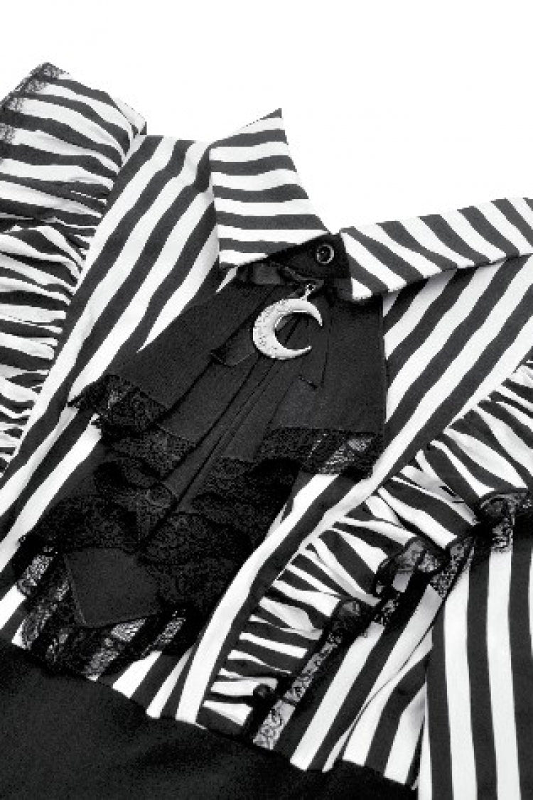 Black/White Striped Lapel Collar Long Sleeves Moon Lace Bow Ruffled Pleated Women's Gothic Dress - Product - 12