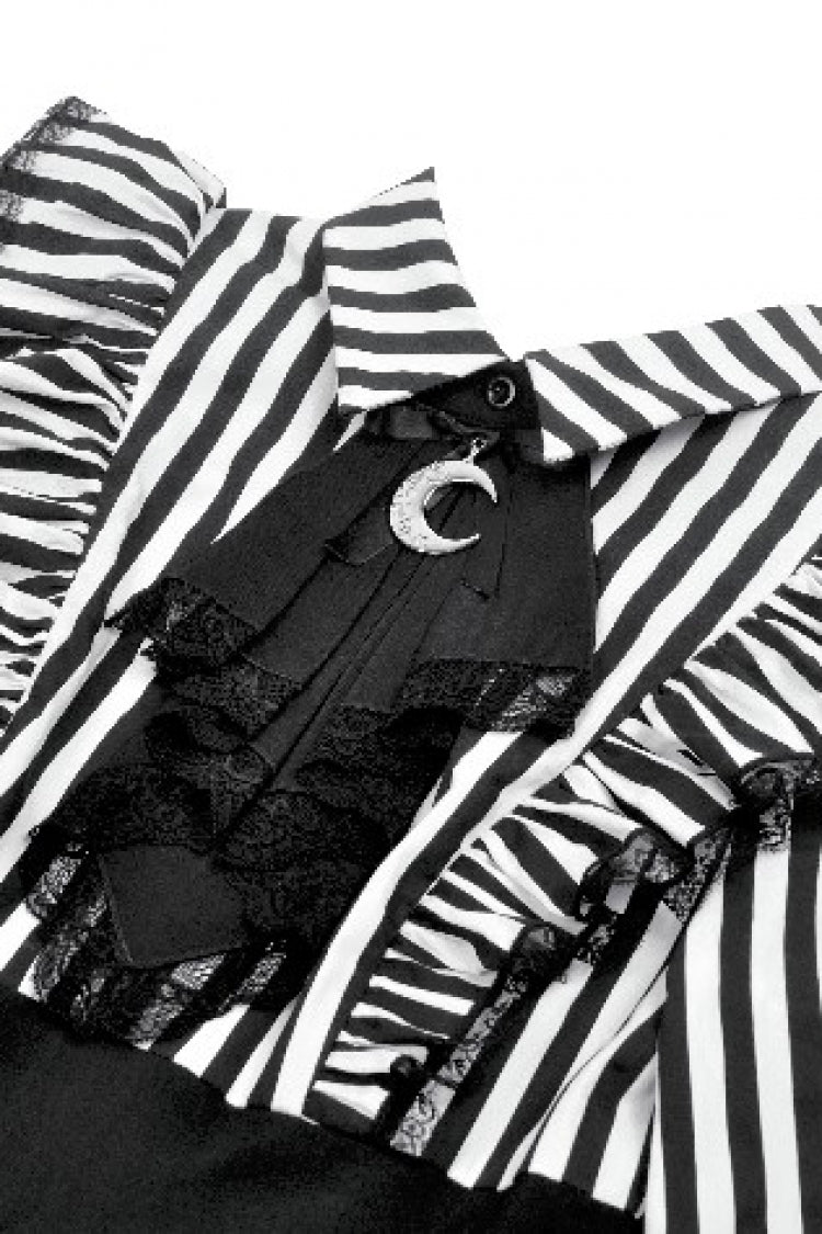 Black/White Striped Lapel Collar Long Sleeves Moon Lace Bow Ruffled Pleated Women's Gothic Dress - Product - 12