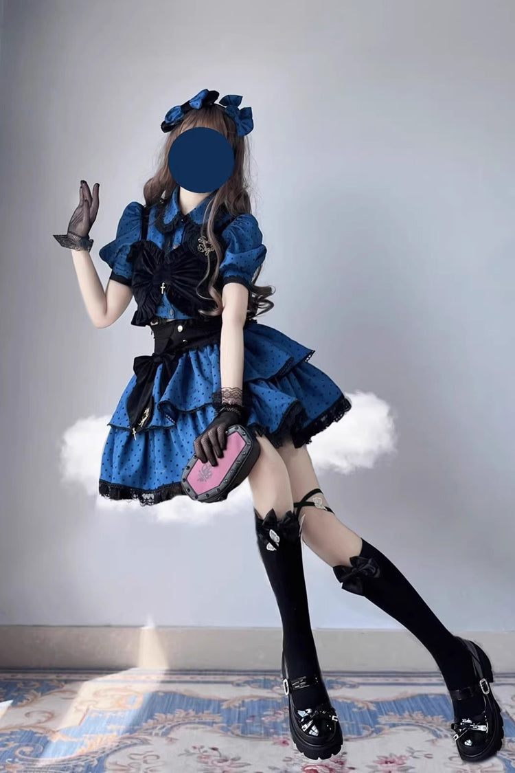 Blue/Black Multi-Layer Polka Dot Print Bowknot Princess Sweet Lolita Skirt Set - Product - 4