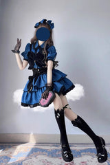 Blue/Black Multi-Layer Polka Dot Print Bowknot Princess Sweet Lolita Skirt Set - Product - 4