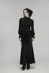 Black Stand Collar Long Sleeves Lace Lace-Up Slim Women's Gothic Blouse - Product - 11