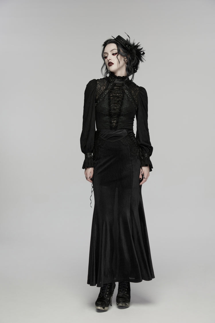 Black Stand Collar Long Sleeves Lace Lace-Up Slim Women's Gothic Blouse - Product - 11