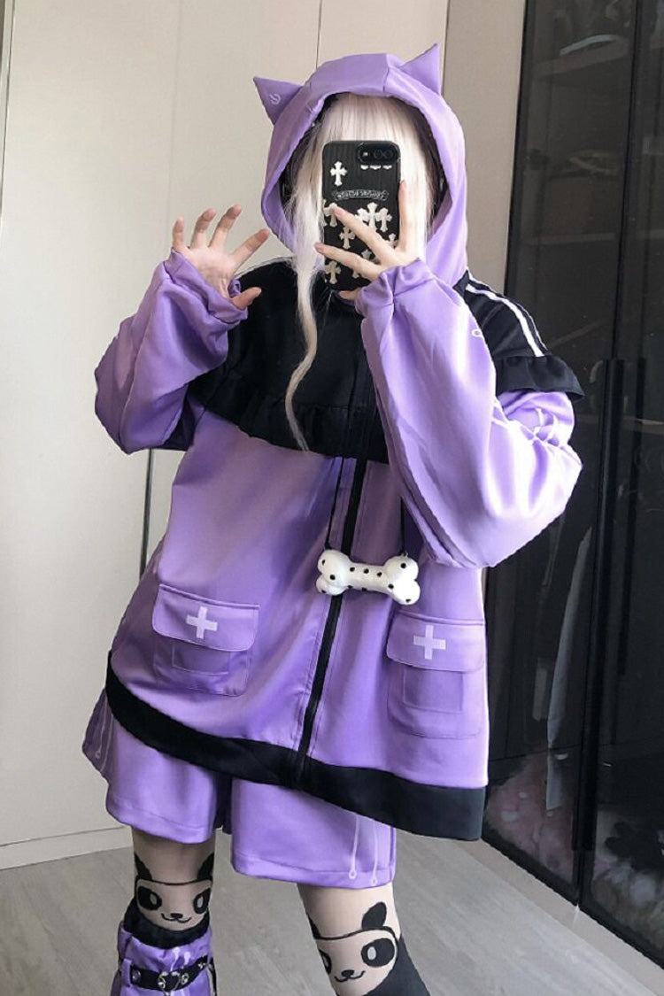 Purple Long Sleeves Cat Ears Hooded Jirai Kei Japanese Shorts Coat Set - Product - 2