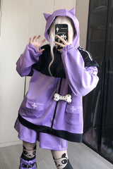 Purple Long Sleeves Cat Ears Hooded Jirai Kei Japanese Shorts Coat Set - Product - 2