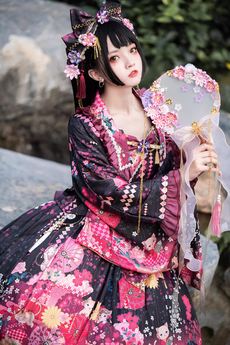 Black/Red [Cherry Blossom Cat Islet] Sleeveless Printed Ruffled Bow Sweet Lolita Jsk Dress Set - Product - 3