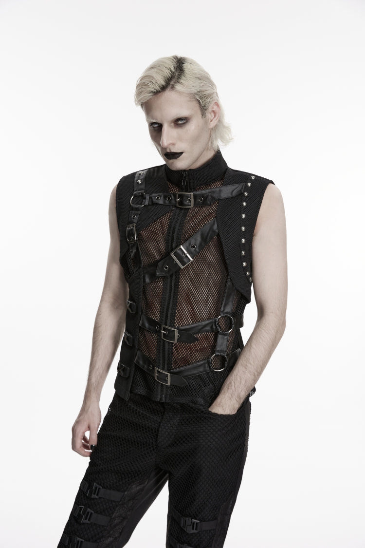Black Stand Collar Sleeveless Spliced Asymmetric Studded Buckled Eyelet Men's Punk Cool Vest - Product - 5