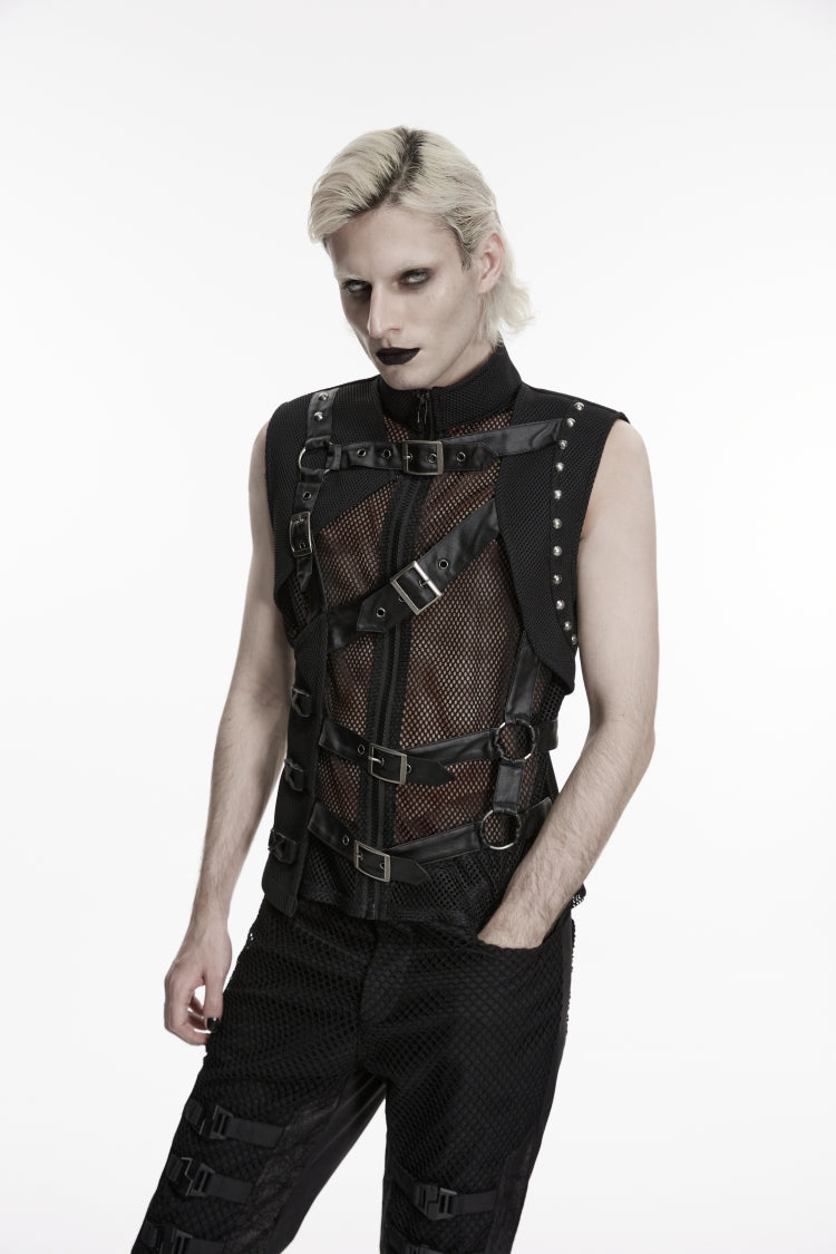 Black Stand Collar Sleeveless Spliced Asymmetric Studded Buckled Eyelet Men's Punk Cool Vest - Product - 5