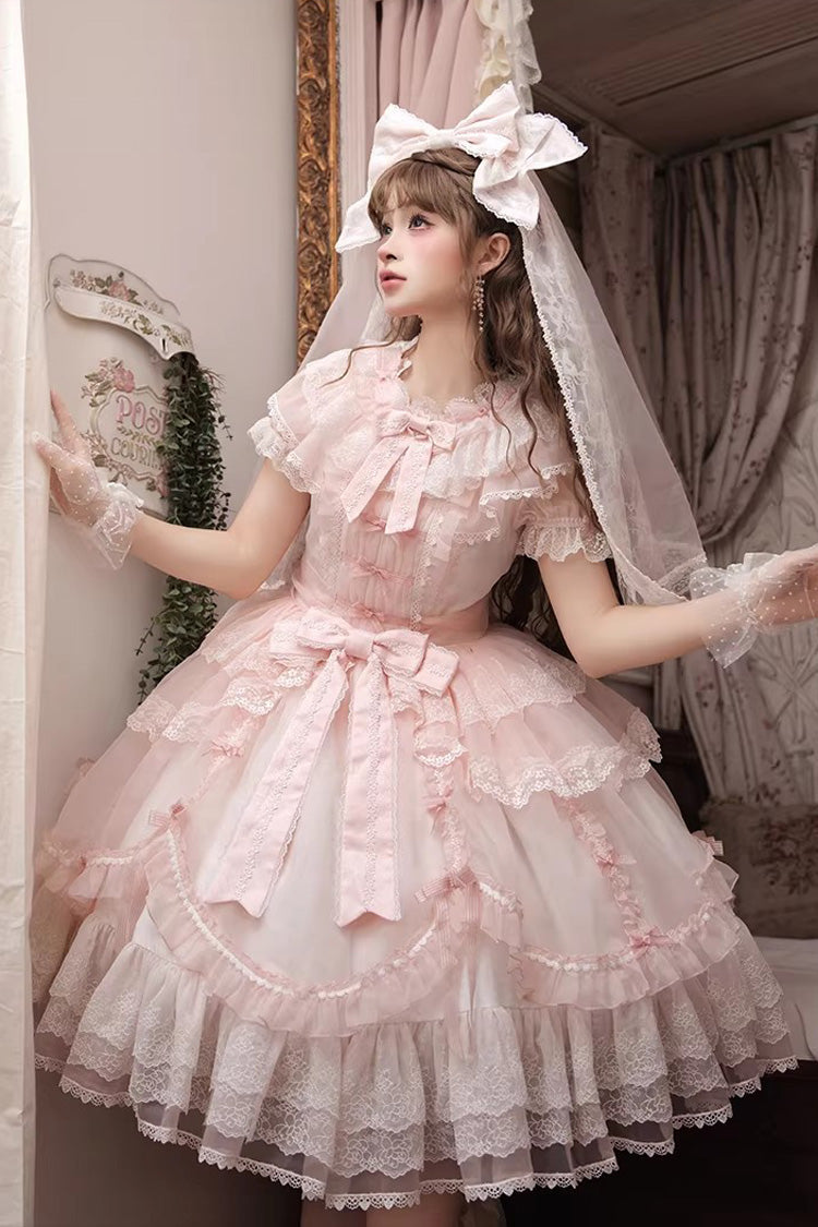 Pink [Candy Flavor] Round Collar Short Sleeves Ruffled Bow Lace Sweet Gorgeous Lolita OP Dress - Pink - 1