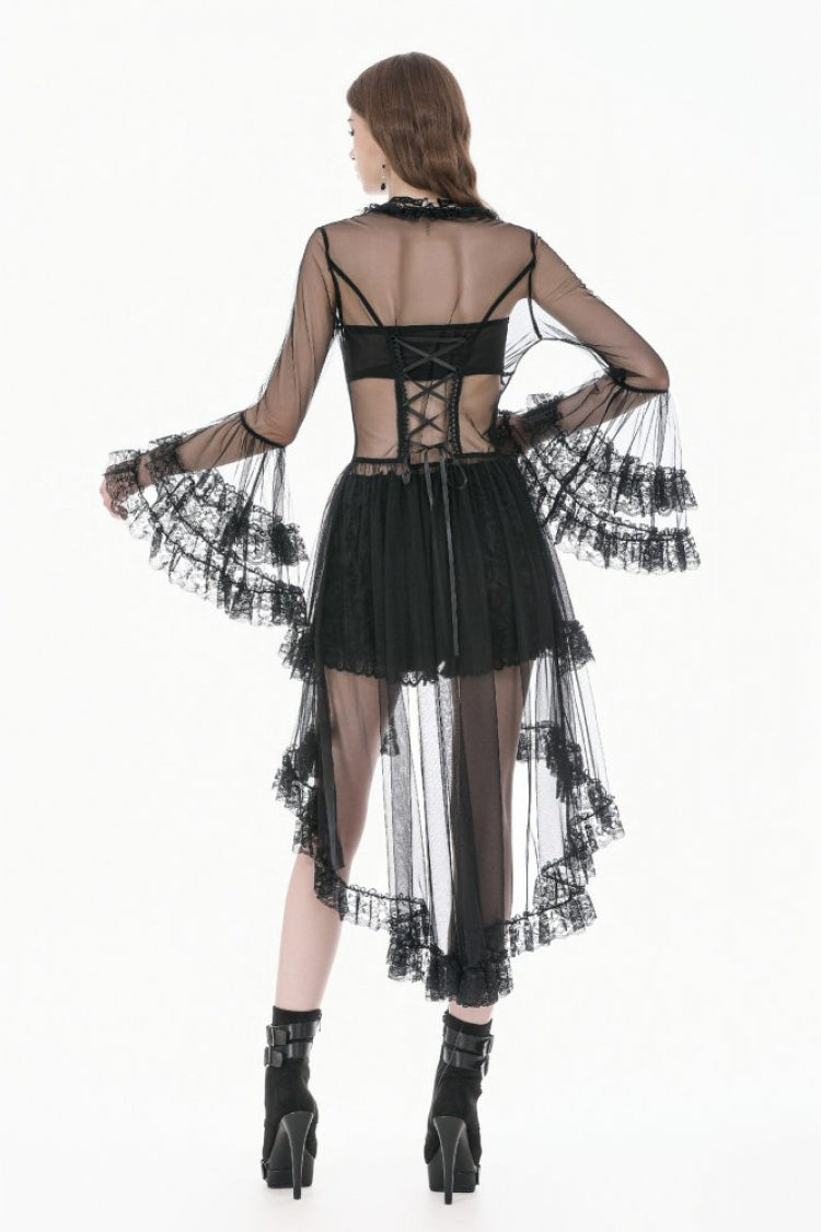 Black Deep-V Ruffled Long Flare Sleeves Sheer Lace Patchwork Lace-Up Women's Gothic Duster - Product - 11