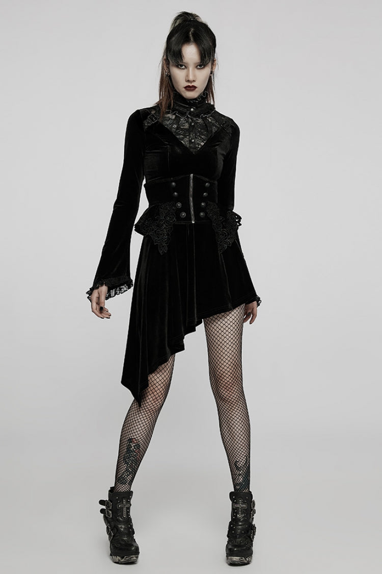Long Trumpet Sleeves Stitching Lace Irregular Asymmetric Women's Gothic Dress 2 Colors - Product - 4