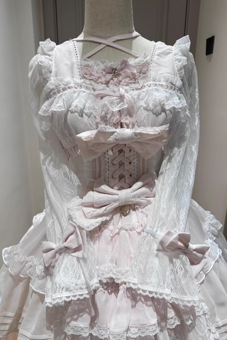 Sweet Square Collar Long Sleeves Lace Ruffle Bowknot Stitching Lace-Up Japanese Plus Size Lolita Dress 3 Colors - Product - 3
