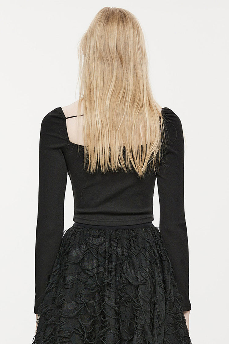 Black Elastic Square Neck Curved Split Butterfly Button Women's Gothic T-Shirt - Product - 3