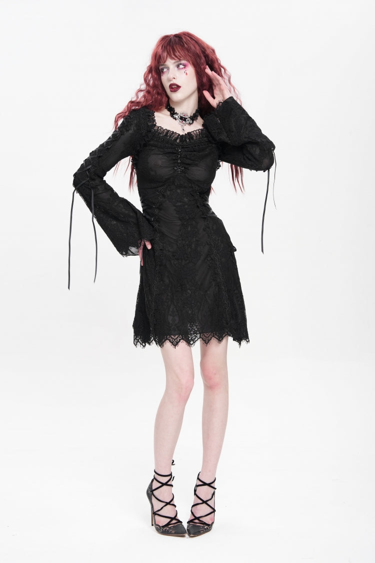 Black Square Collar Long Trumpet Sleeves Embroidered Lace-Up Women's Gothic Dress - Product - 11