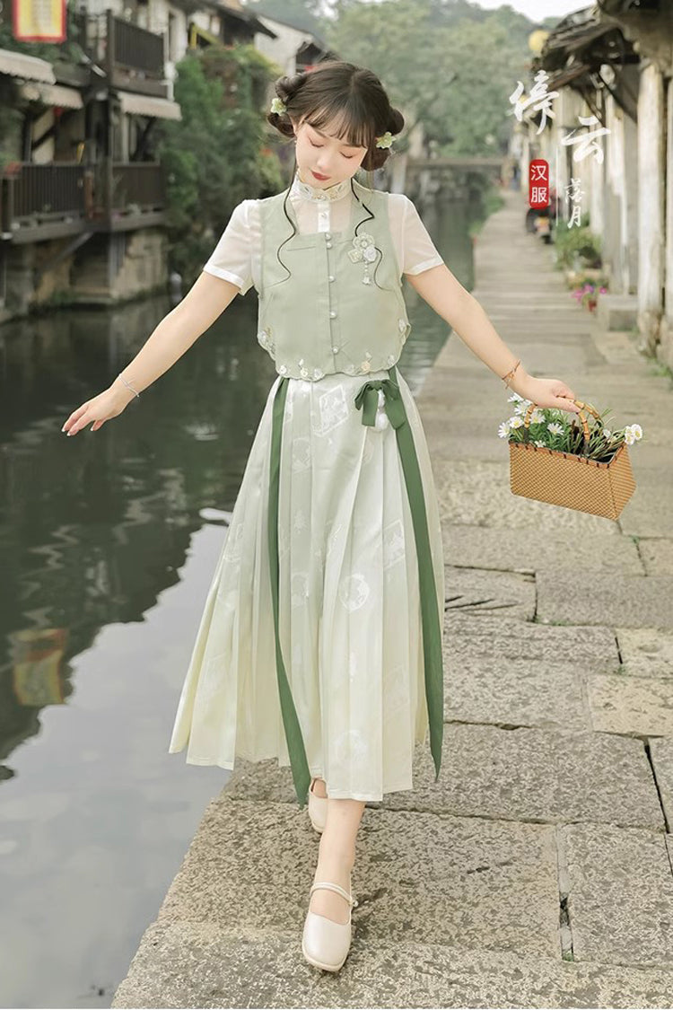 Green Round Collar Short Sleeves Embroidered Pearl Buttons Sweet Hanfu Dress Full Set - Product - 6