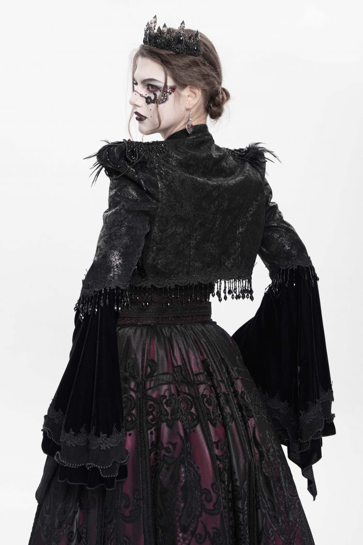 Black Long Sleeves Floral Embroidery Women's Gothic Beaded Frog Short Jacket - Product - 2